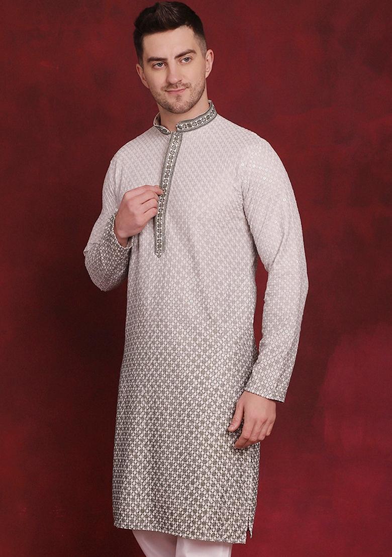 Pista Green Embroidered Viscose Rayon Kurta For Men