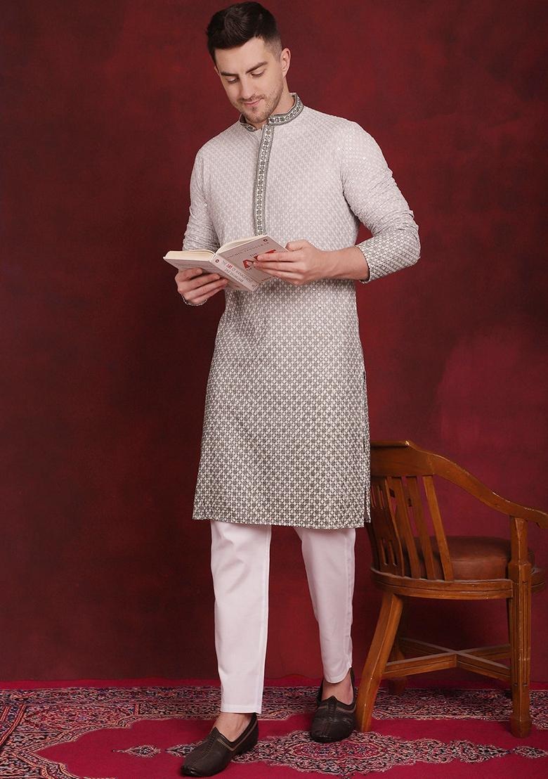 Pista Green Embroidered Viscose Rayon Kurta For Men