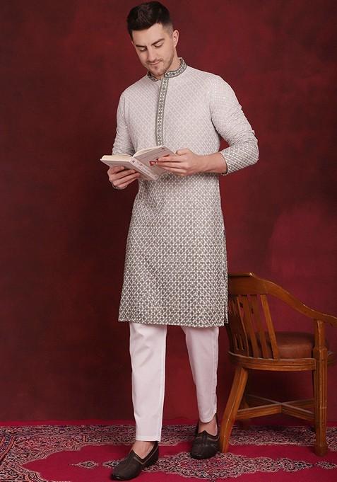 Pista Green Embroidered Viscose Rayon Kurta For Men