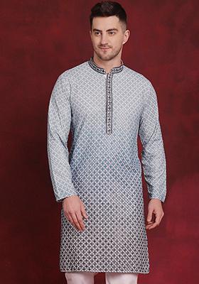 Blue Embroidered Viscose Rayon Kurta For Men