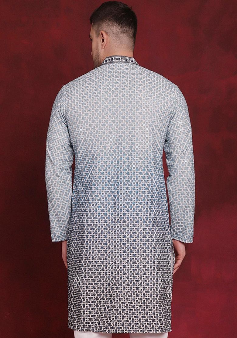 Blue Embroidered Viscose Rayon Kurta For Men