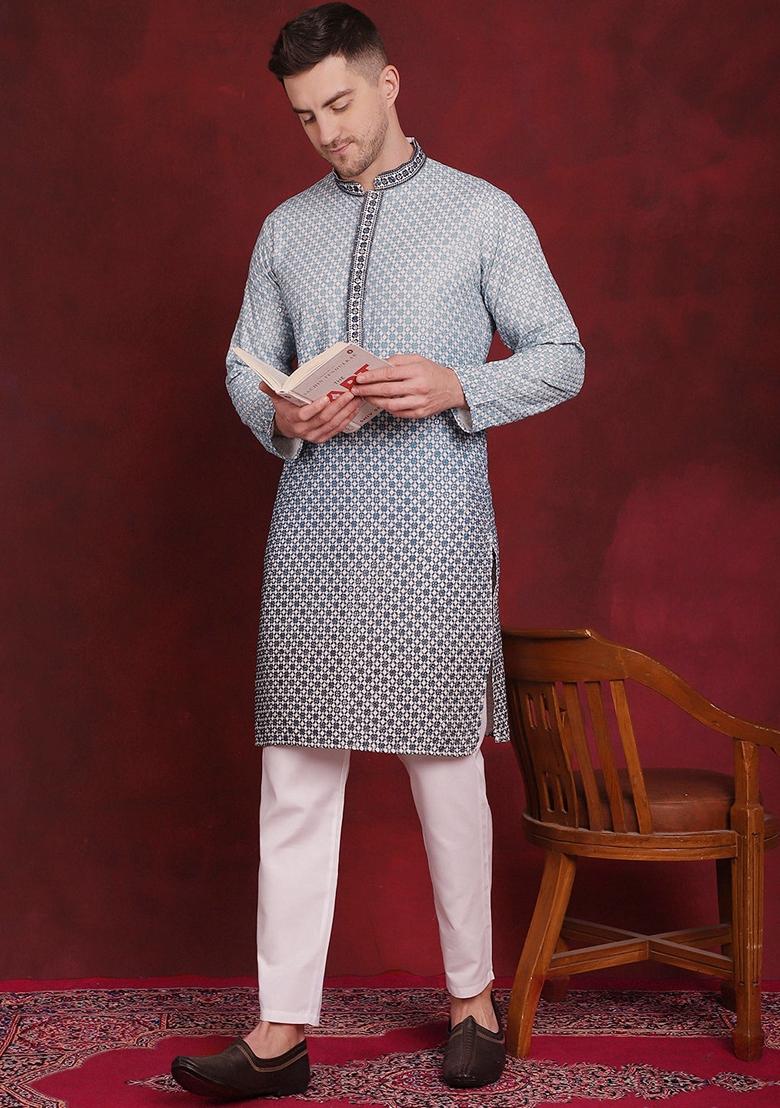 Blue Embroidered Viscose Rayon Kurta For Men