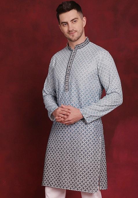 Blue Embroidered Viscose Rayon Kurta For Men