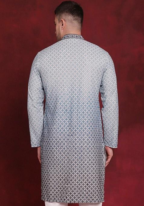 Blue Embroidered Viscose Rayon Kurta For Men