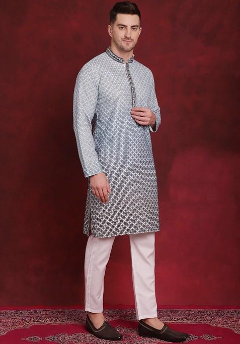 Blue Embroidered Viscose Rayon Kurta For Men