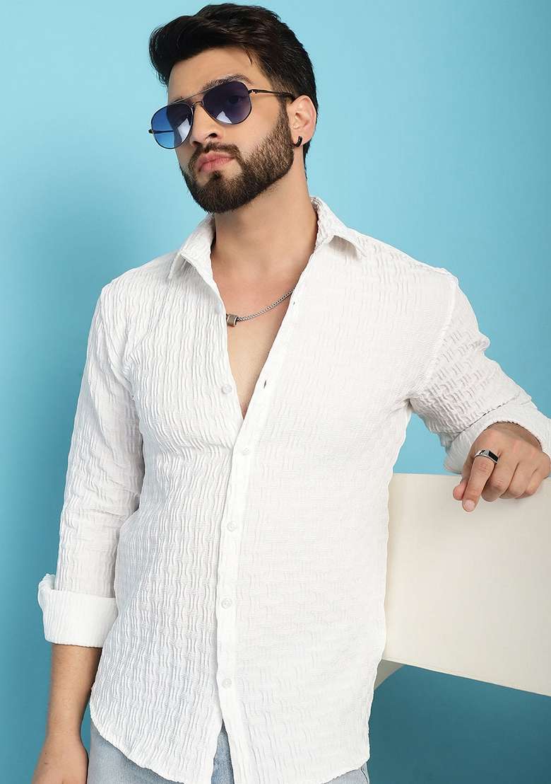 White Self Design Cotton Lycra Shirt For Men - Indya
