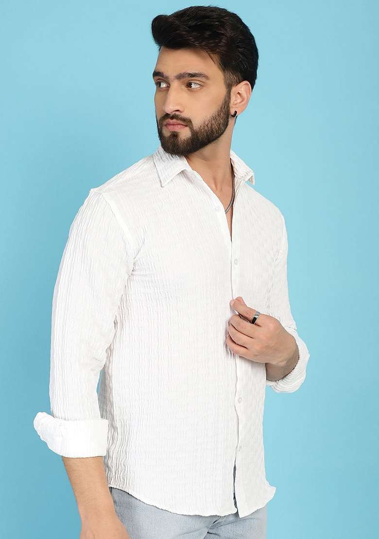 White Self Design Cotton Lycra Shirt For Men - Indya