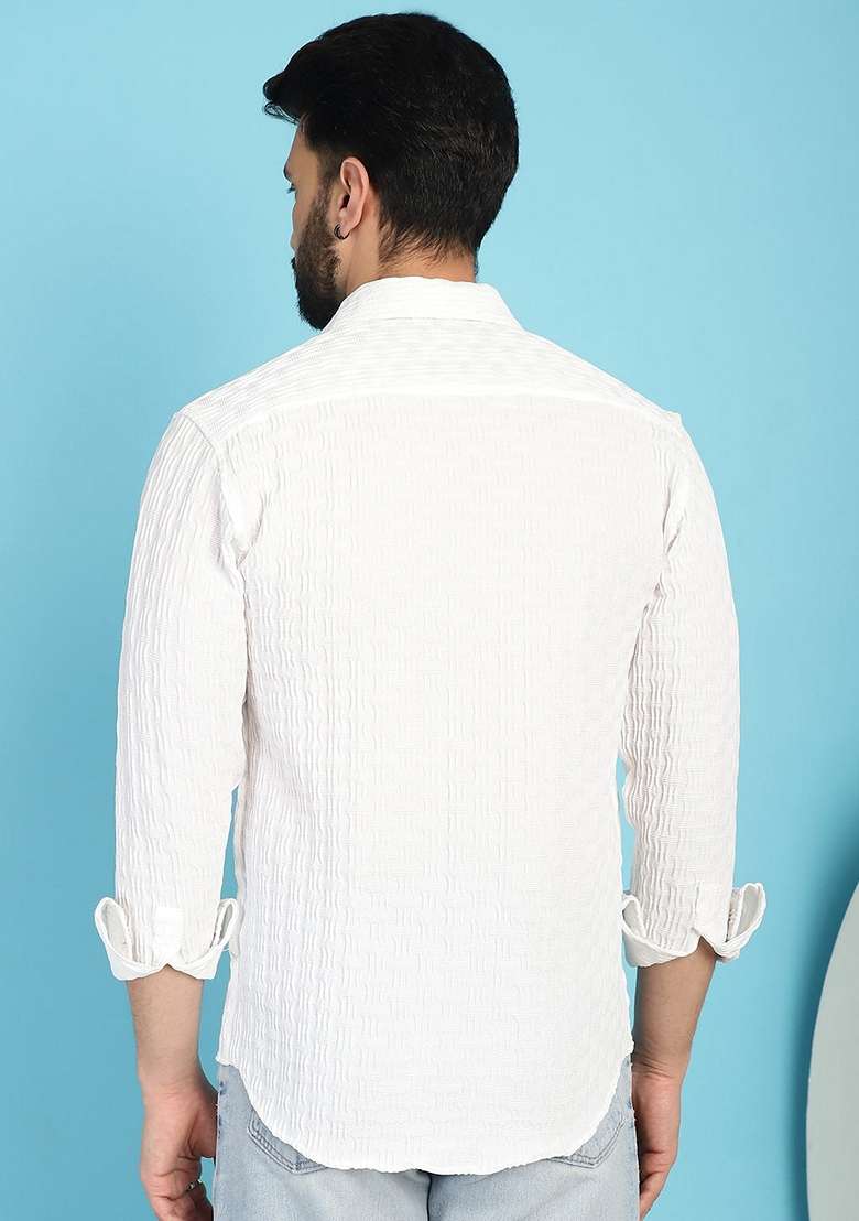 White Self Design Cotton Lycra Shirt For Men - Indya