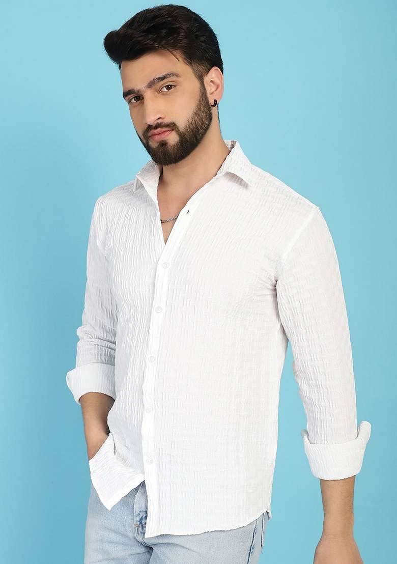 White Self Design Cotton Lycra Shirt For Men - Indya
