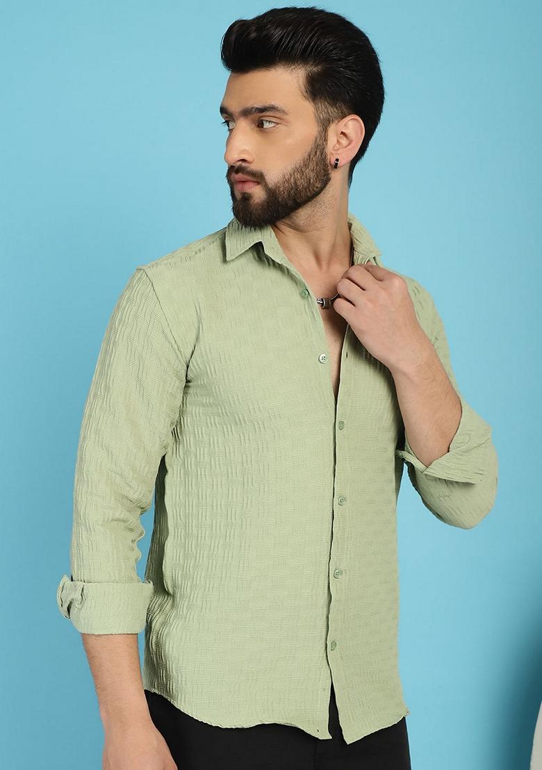 Pista Green Self Design Cotton Lycra Shirt For Men