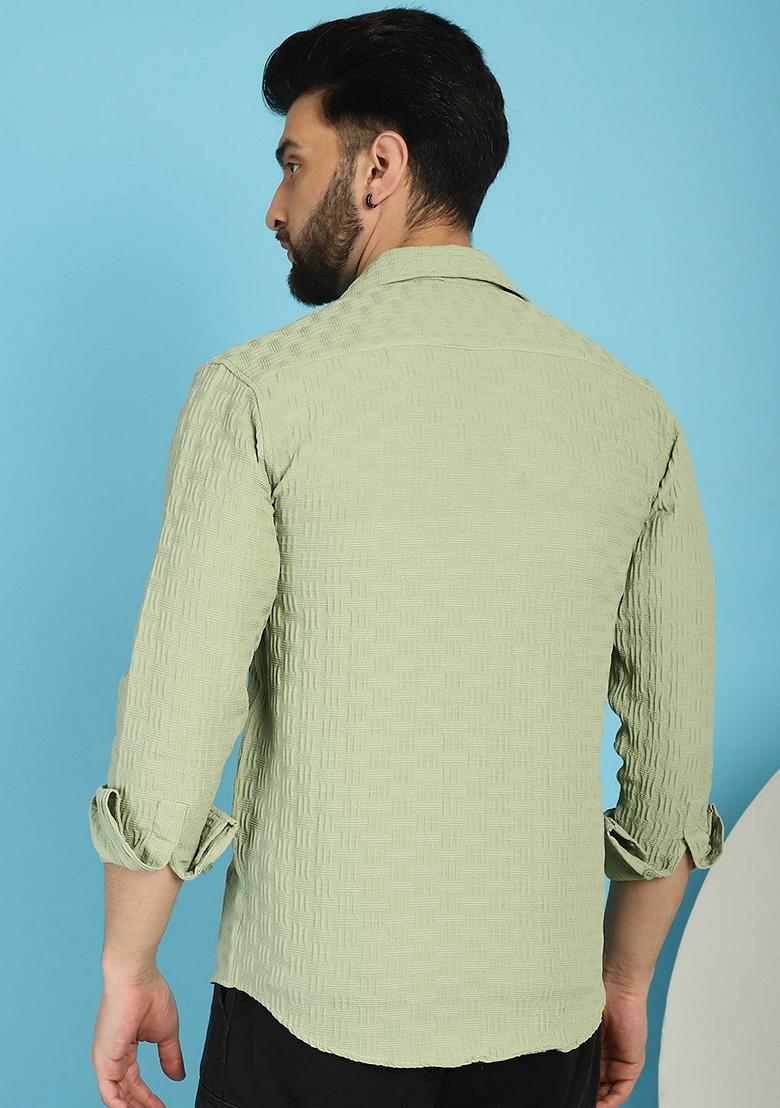 Pista Green Self Design Cotton Lycra Shirt For Men