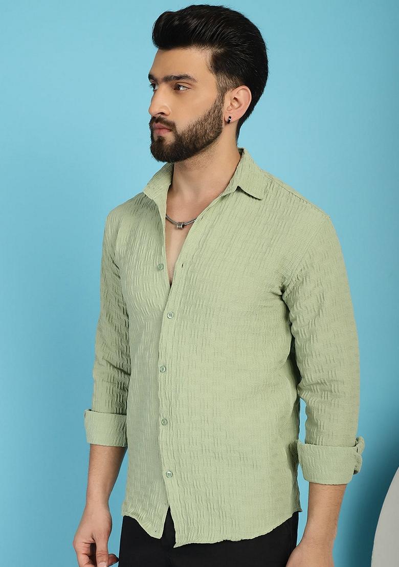 Pista Green Self Design Cotton Lycra Shirt For Men
