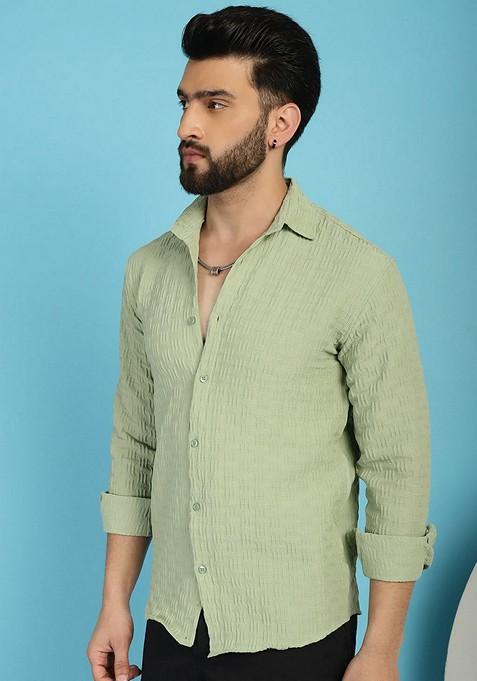 Pista Green Self Design Cotton Lycra Shirt For Men