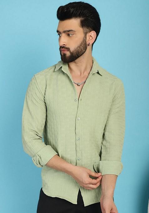 Pista Green Self Design Cotton Lycra Shirt For Men