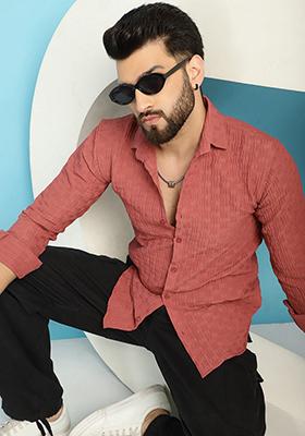Peach Self Design Cotton Lycra Shirt For Men