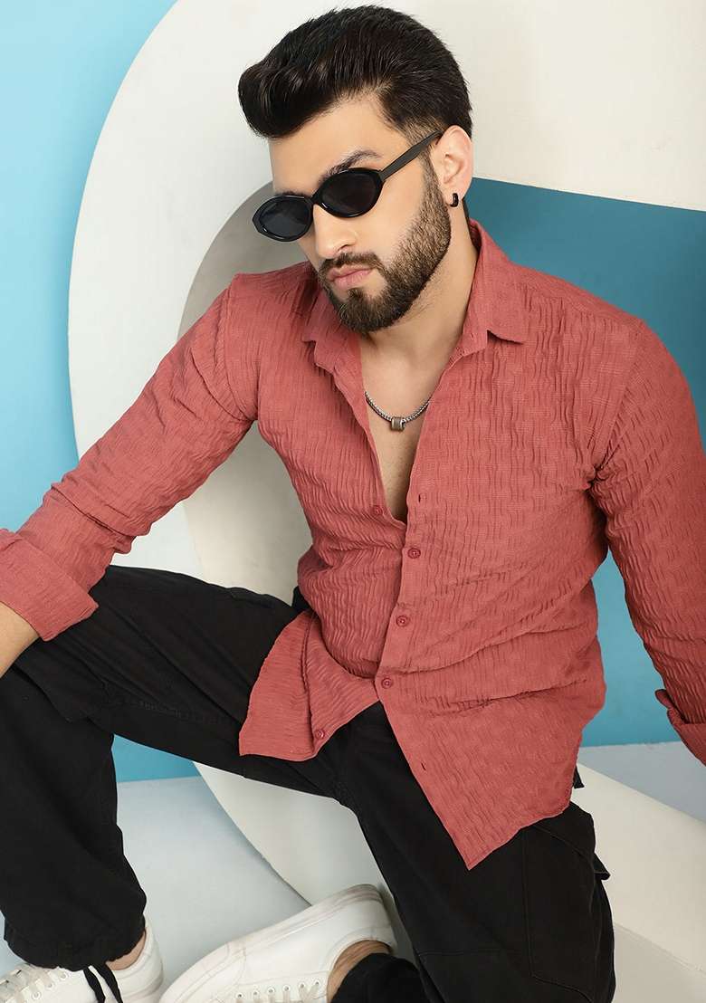 Peach Self Design Cotton Lycra Shirt For Men - Indya