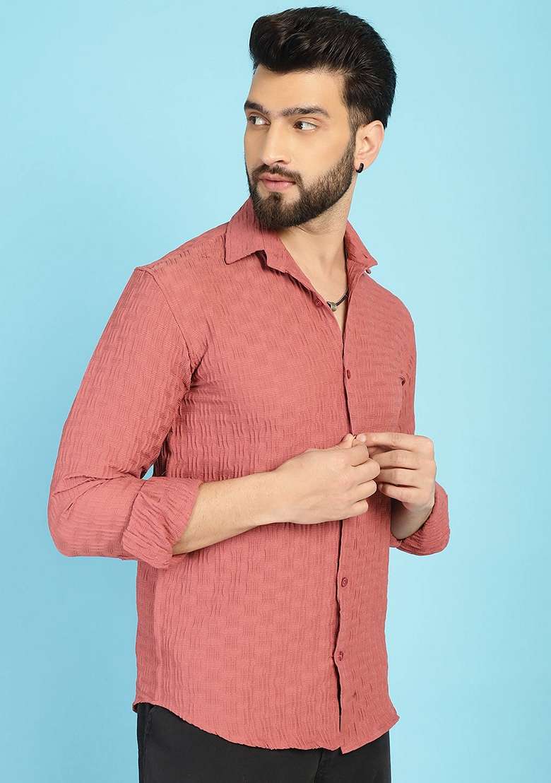 Peach Self Design Cotton Lycra Shirt For Men - Indya