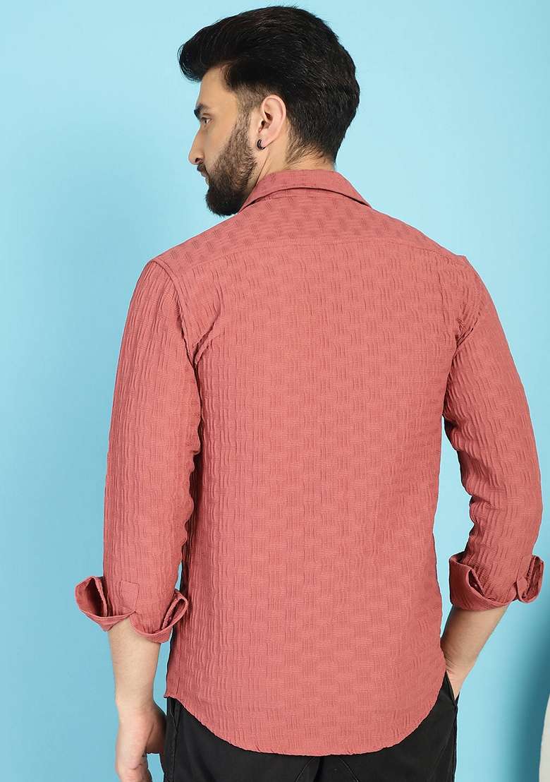 Peach Self Design Cotton Lycra Shirt For Men - Indya