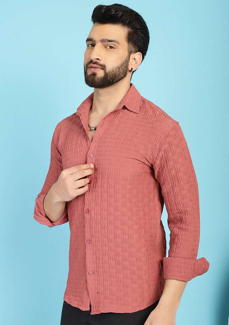 Peach Self Design Cotton Lycra Shirt For Men - Indya