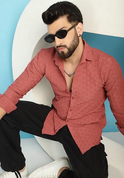 Peach Self Design Cotton Lycra Shirt For Men