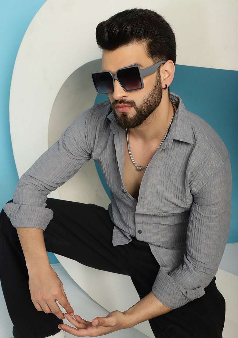 Grey Self Design Cotton Lycra Shirt For Men - Indya