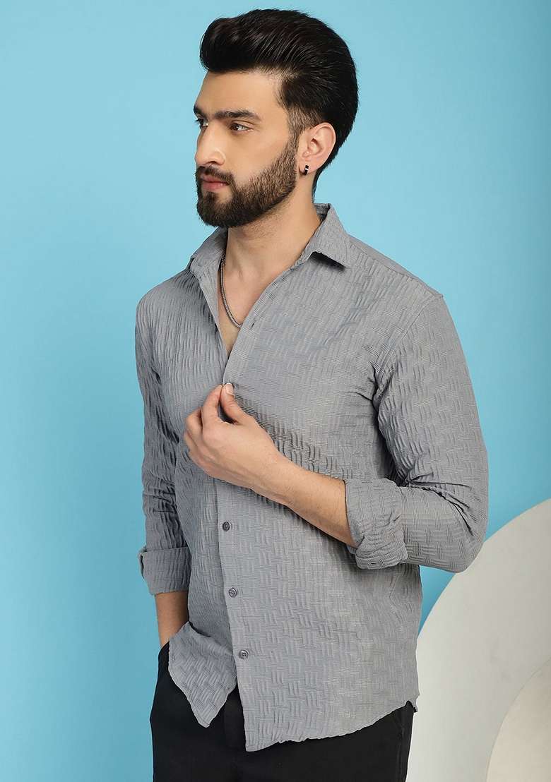Grey Self Design Cotton Lycra Shirt For Men - Indya
