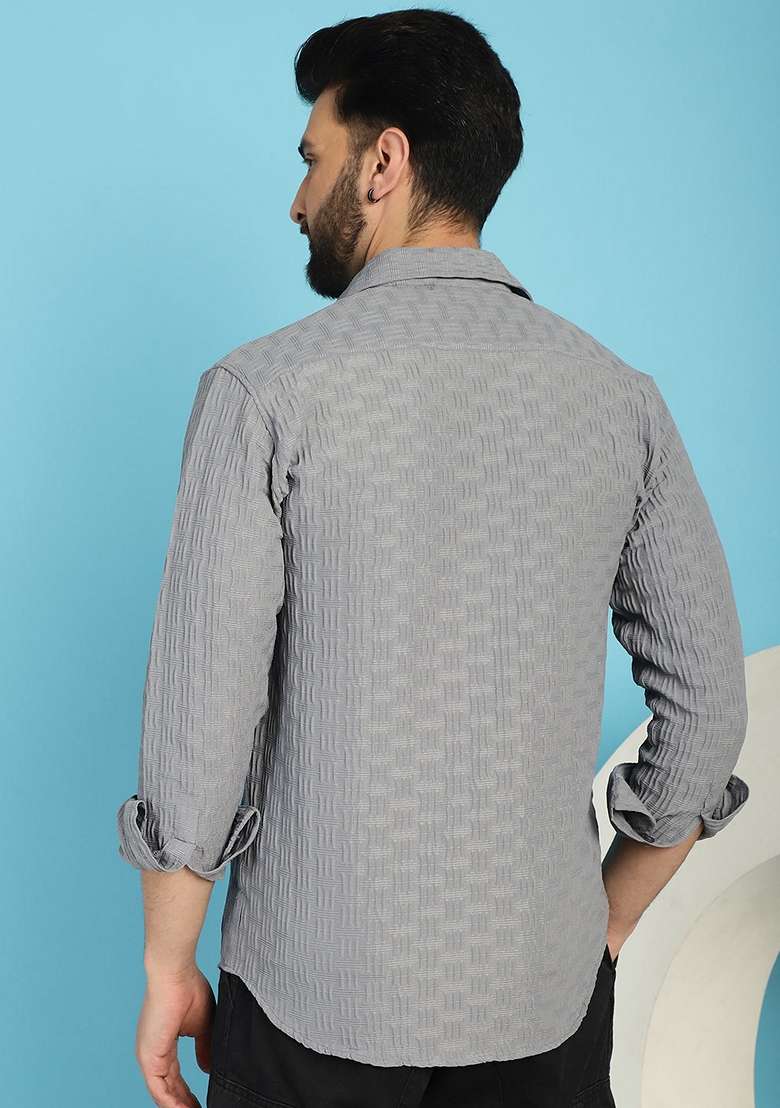 Grey Self Design Cotton Lycra Shirt For Men - Indya