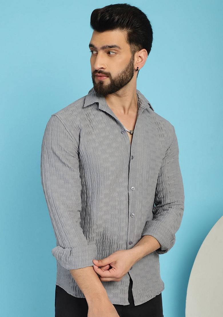 Grey Self Design Cotton Lycra Shirt For Men - Indya