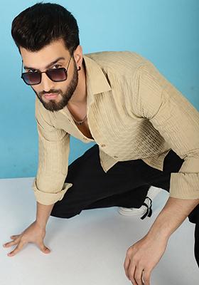 Beige Self Design Cotton Lycra Shirt For Men