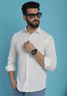 White Printed Cotton Blend Shirt For Men