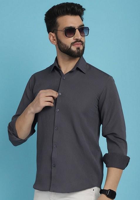 Grey Printed Cotton Blend Shirt For Men