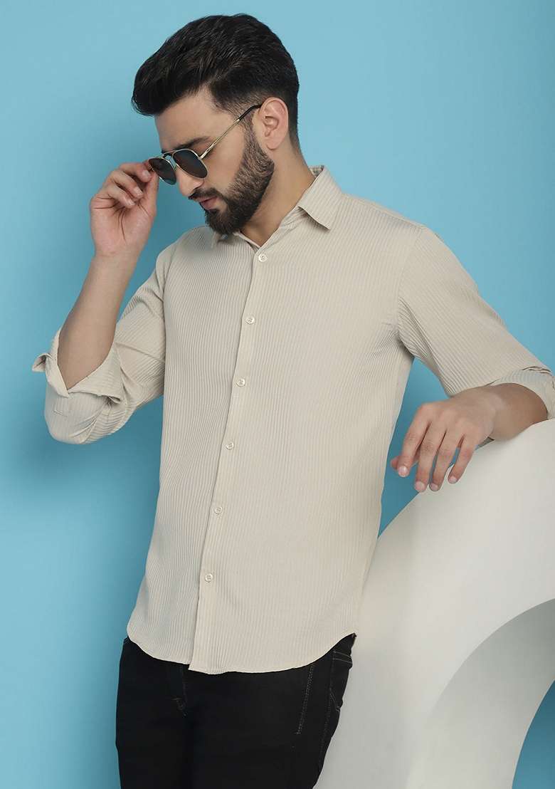 Cream Printed Cotton Blend Shirt For Men - Indya
