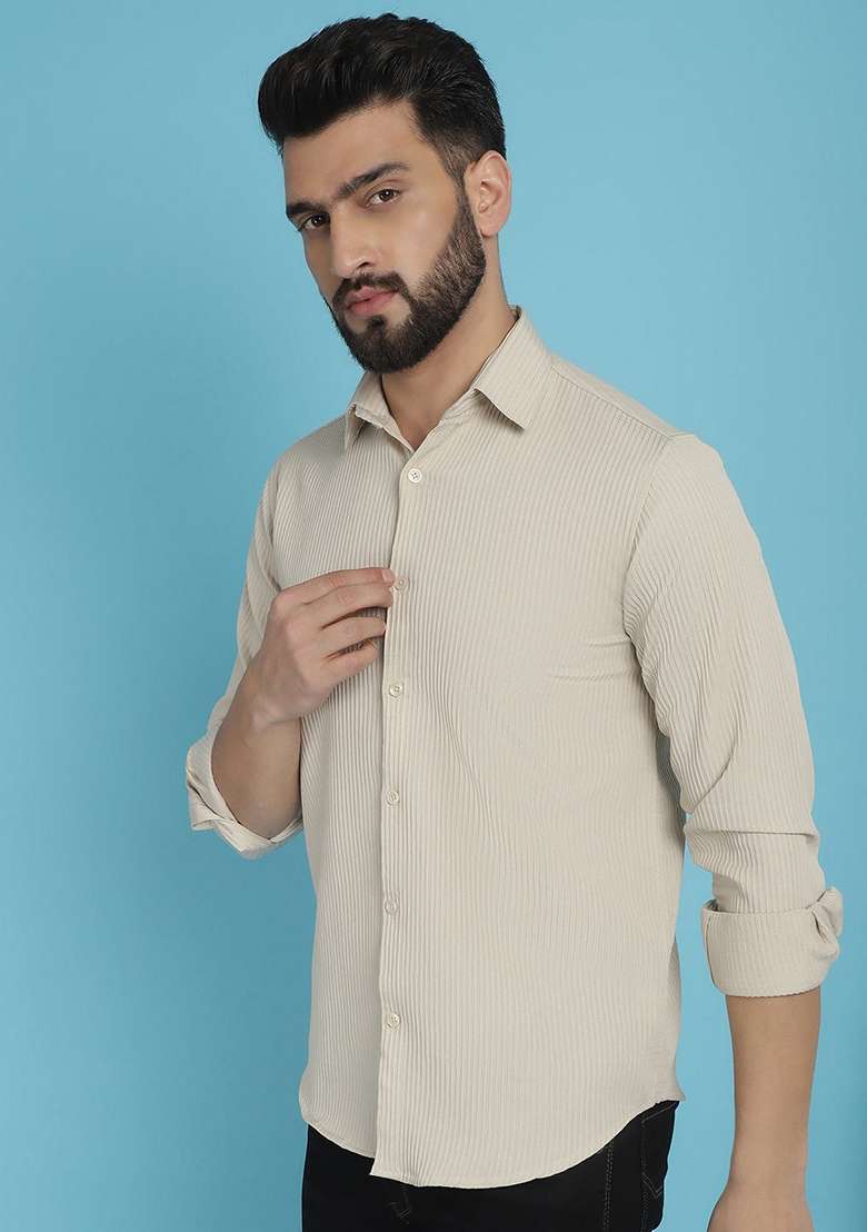 Cream Printed Cotton Blend Shirt For Men - Indya