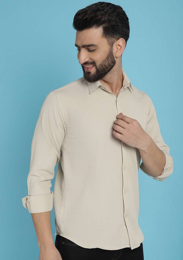 Cream Printed Cotton Blend Shirt For Men - Indya