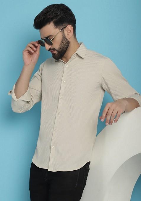 Cream Printed Cotton Blend Shirt For Men