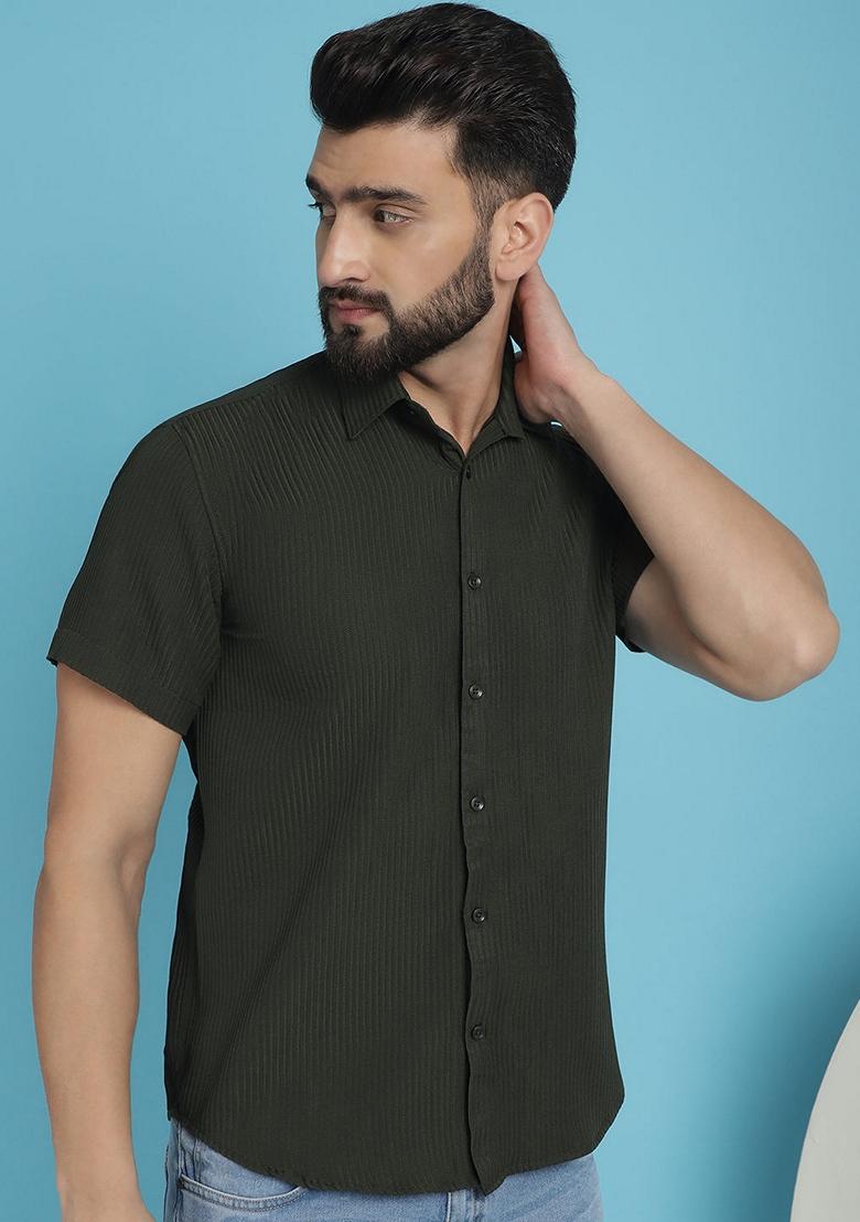 Olive Printed Cotton Blend Shirt For Men - Indya
