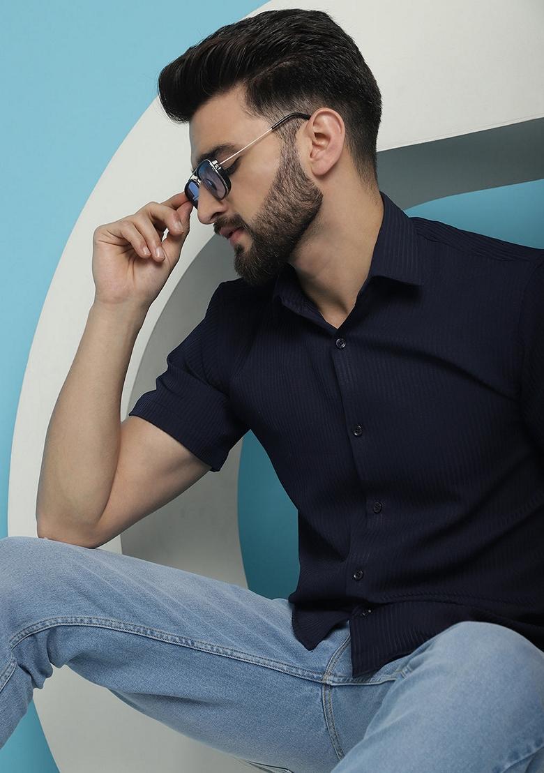 Navy Blue Printed Cotton Blend Shirt For Men
