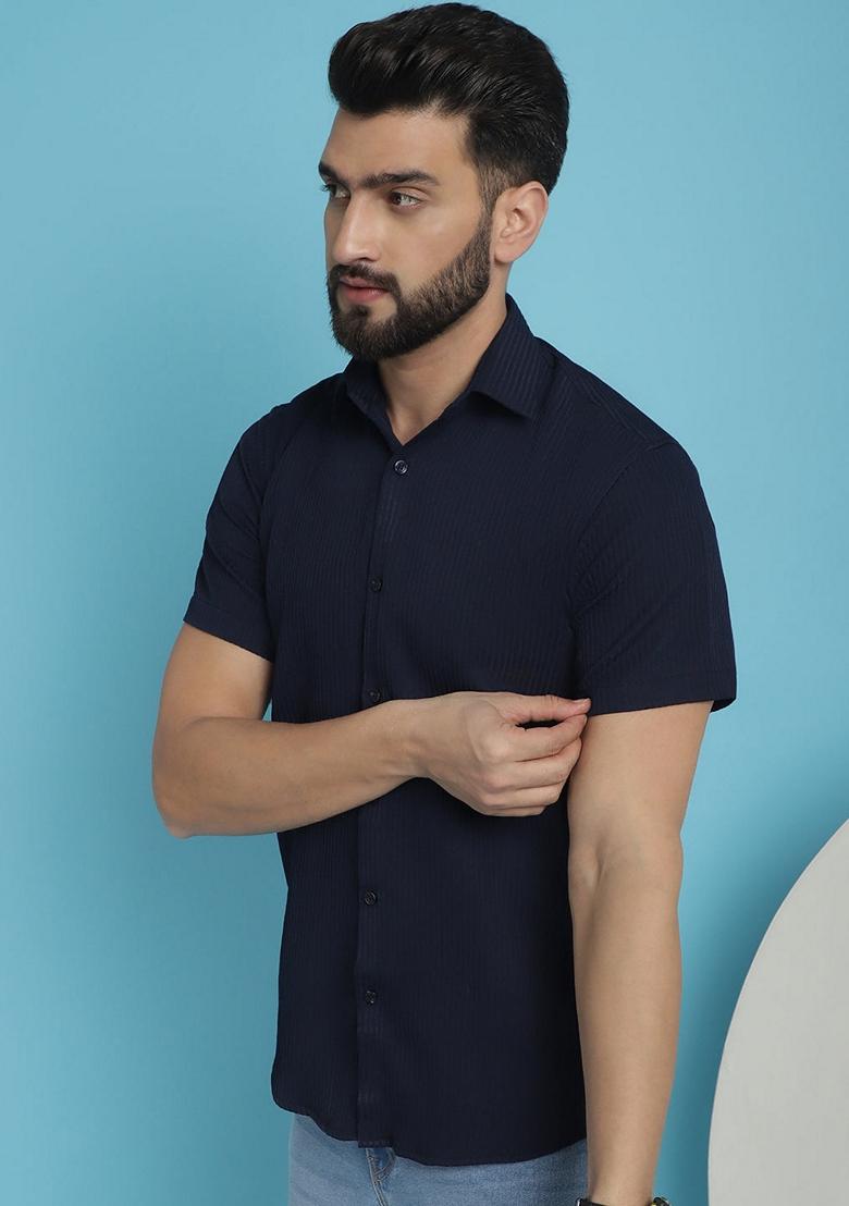 Navy Blue Printed Cotton Blend Shirt For Men