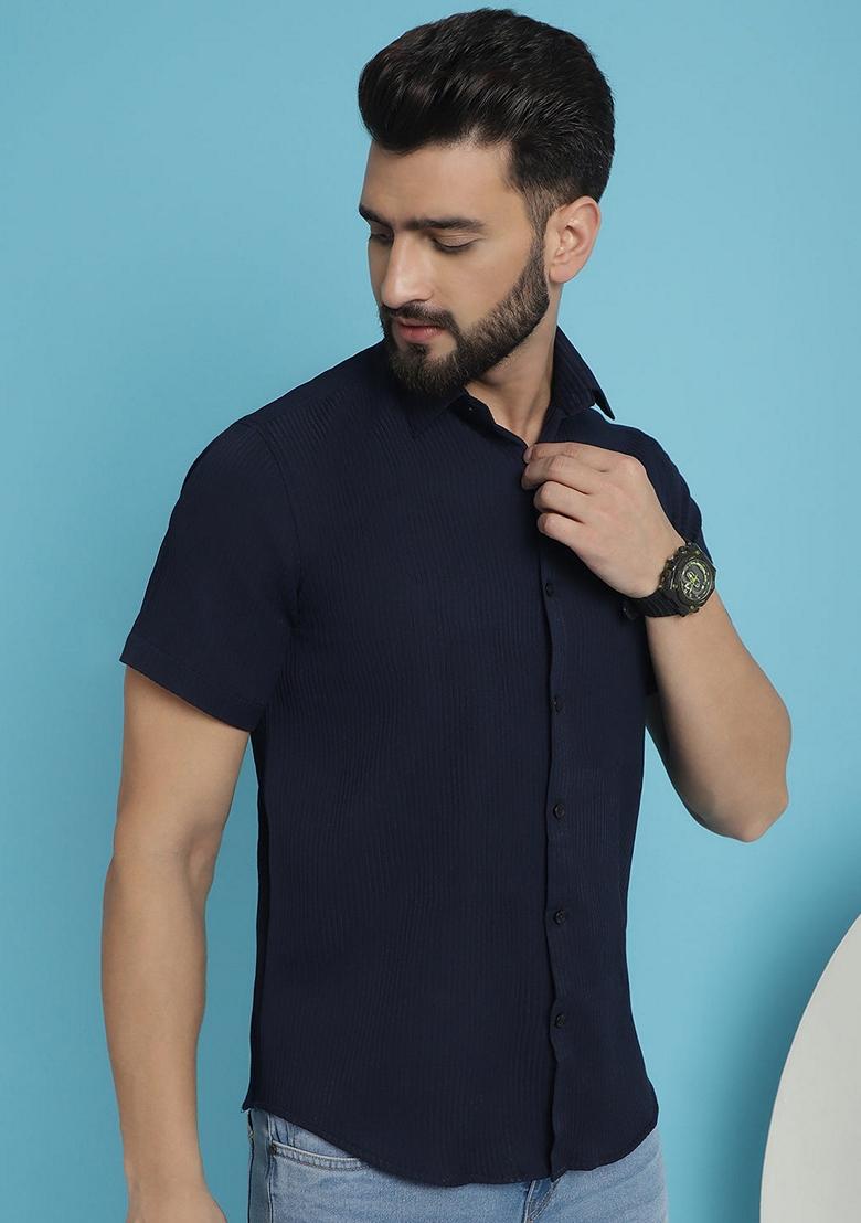 Navy Blue Printed Cotton Blend Shirt For Men - Indya