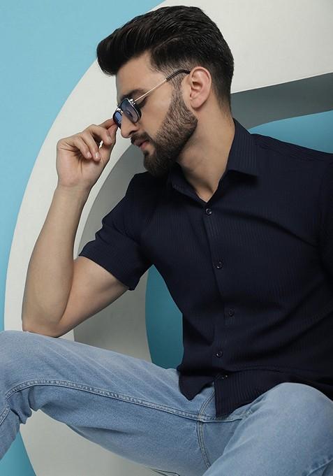 Navy Blue Printed Cotton Blend Shirt For Men