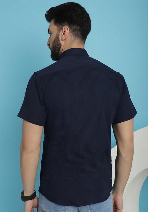 Navy Blue Printed Cotton Blend Shirt For Men