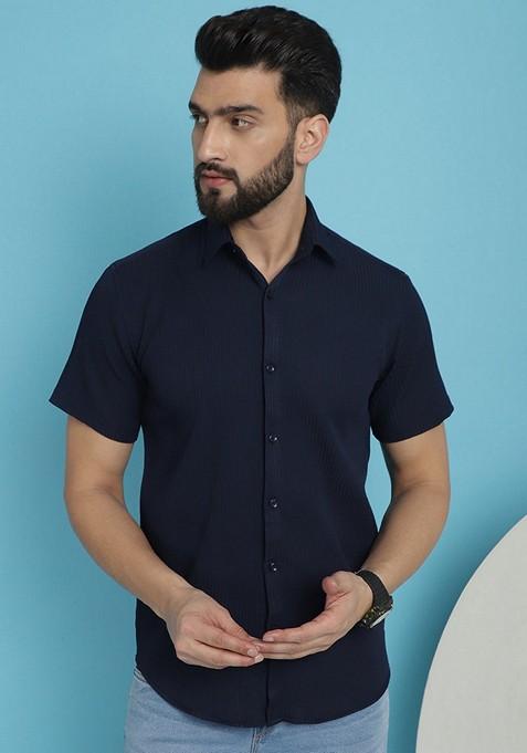 Navy Blue Printed Cotton Blend Shirt For Men