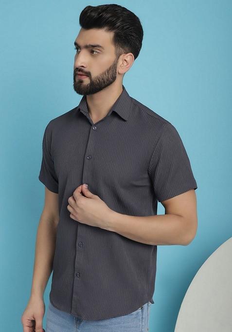 Grey Printed Cotton Blend Shirt For Men