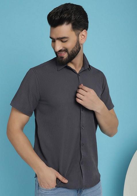 Grey Printed Cotton Blend Shirt For Men