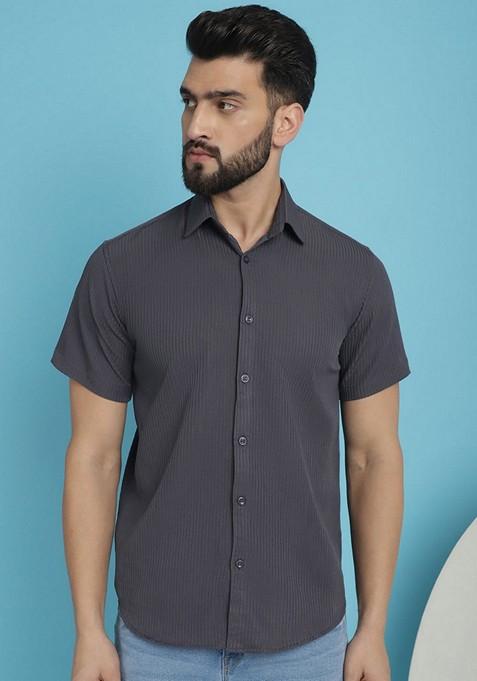 Grey Printed Cotton Blend Shirt For Men