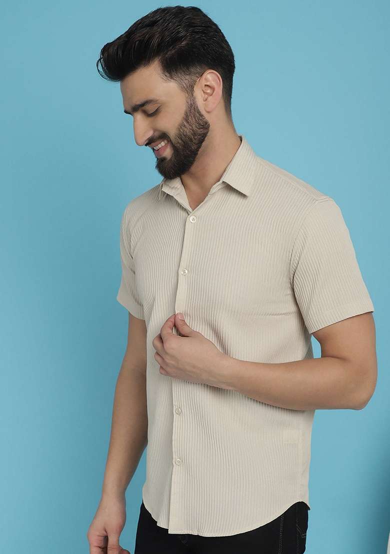 Cream Printed Cotton Blend Shirt For Men - Indya