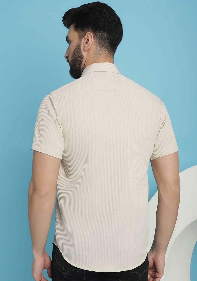 Cream Printed Cotton Blend Shirt For Men - Indya