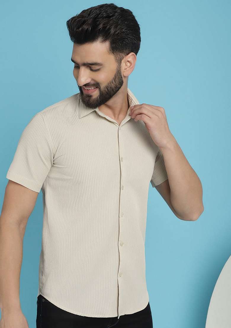 Cream Printed Cotton Blend Shirt For Men - Indya