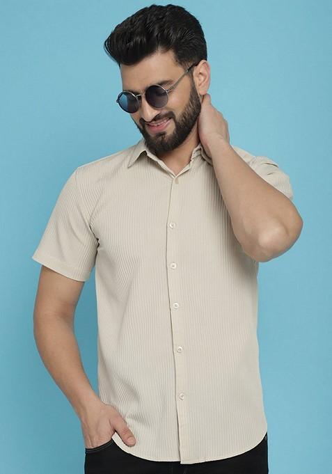 Cream Printed Cotton Blend Shirt For Men