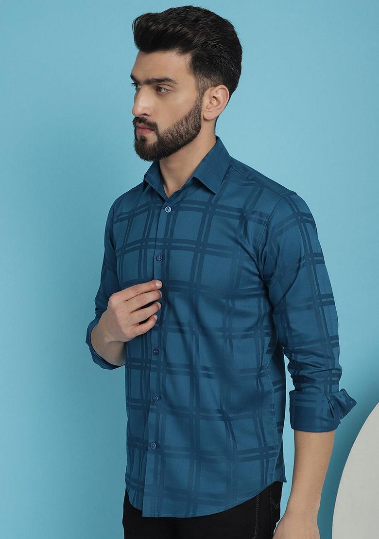 Blue Printed Cotton Shirt For Men - Indya